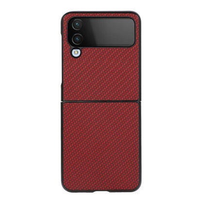 Red flip-style phone case with carbon-fiber texture and top camera cover