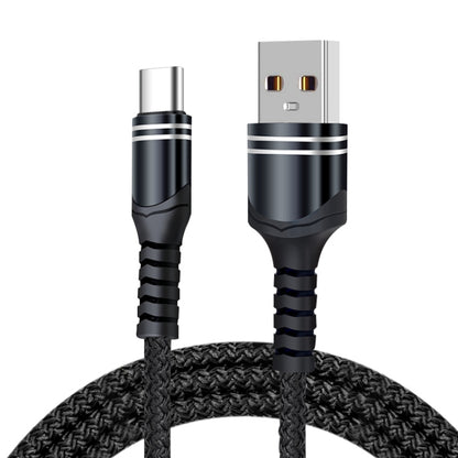 Black braided USB-C and USB-A charging cable with 8-pin connector, metal ends
