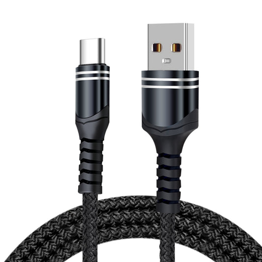 Black braided USB-C and USB-A charging cable with 8-pin connector, metal ends
