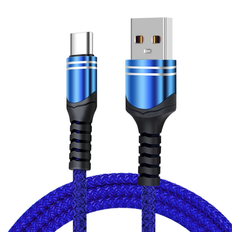Blue braided USB-C to USB-A charging cable with 8-pin connector, metal ends