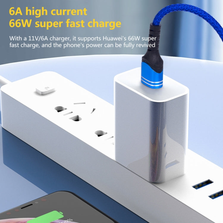 Blue braided cable connected to a USB power adapter, cable and connectors visible