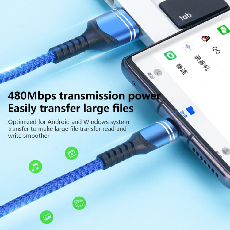 Blue braided charging cable with USB ends connected to a smartphone and device