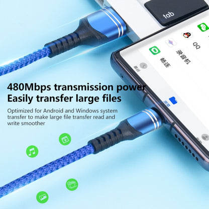 Blue braided charging cable with USB ends connected to a smartphone and device