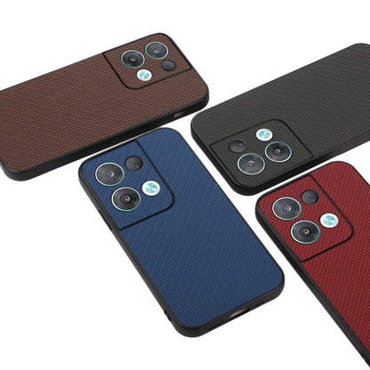 Carbon fiber phone cases shown in brown, blue, and red with camera cutouts