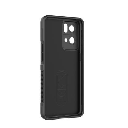 Black phone case with raised grip panels and dual camera cutouts, back view