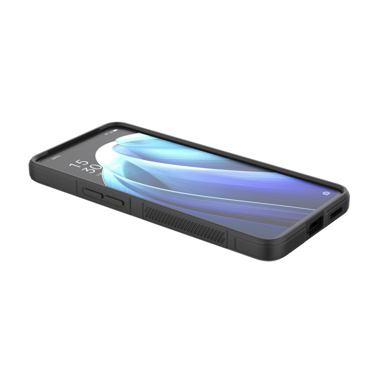 Black phone case with raised grip panels and side cutouts, angled front view