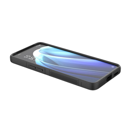 Black phone case with raised grip panels and side cutouts, angled front view