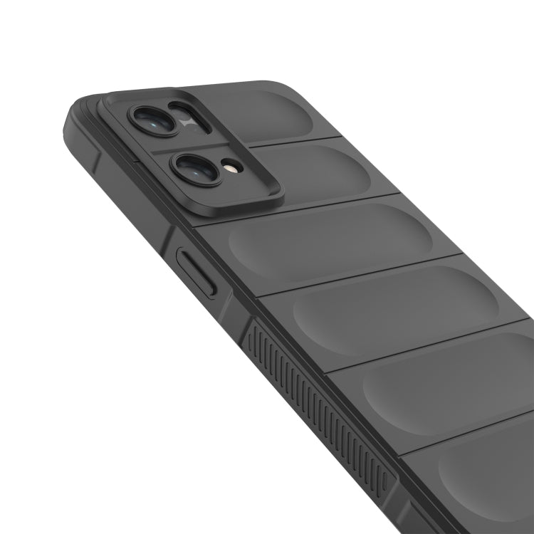 Dark grey phone case with raised grip panels, camera cutouts, and textured edges