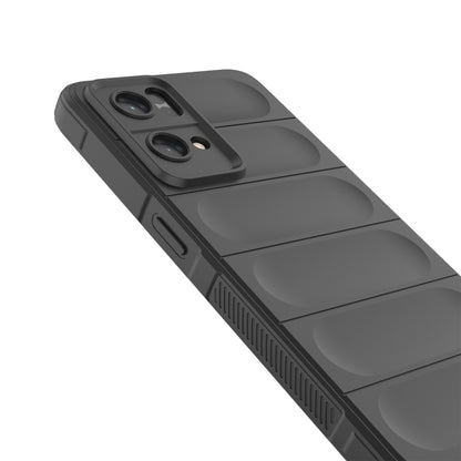 Dark grey phone case with raised grip panels, camera cutouts, and textured edges