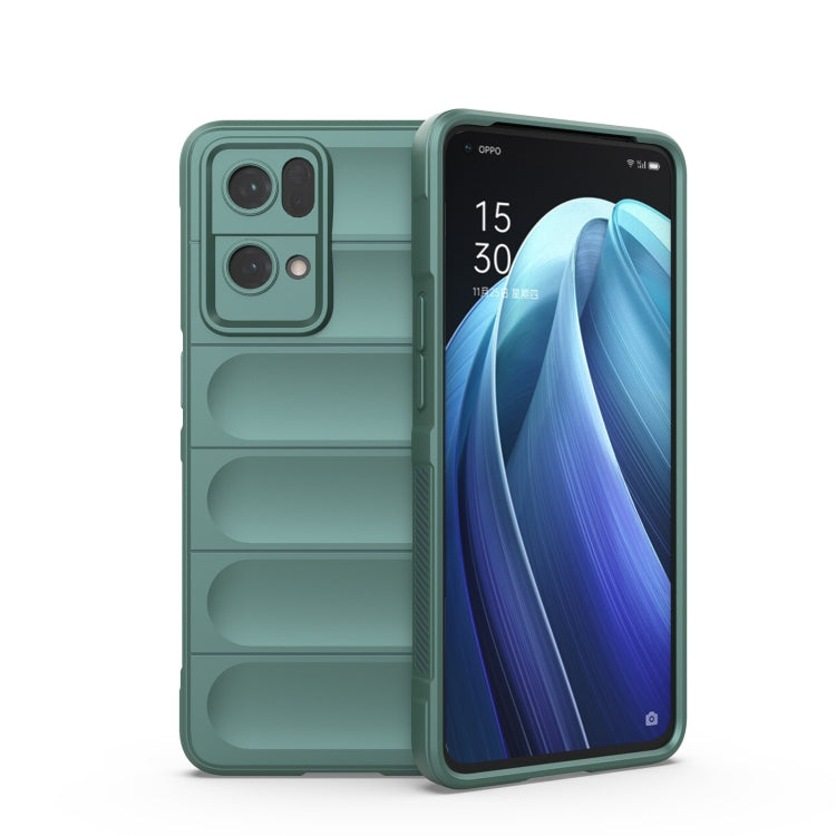 Dark green phone case with raised grip panels and dual camera cutouts, front and back shown
