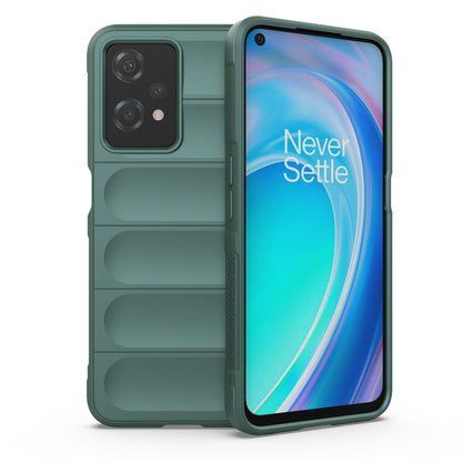 Rugged dark green phone case with camera cutouts and raised side grip ridges