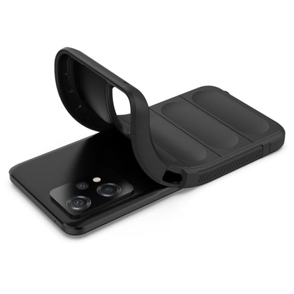 Black flip phone case with viewing window and camera cutouts, opened for access