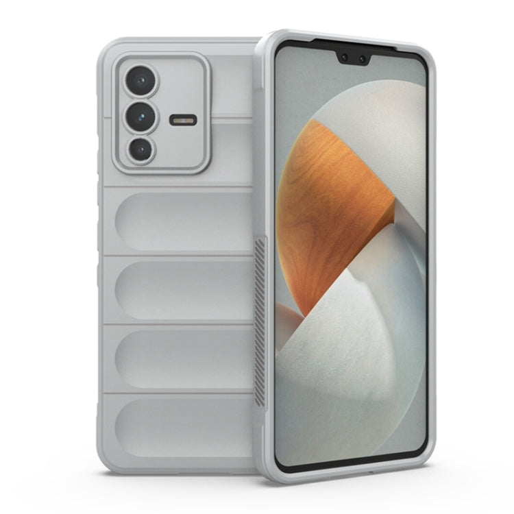 Light gray TPU and flannel phone case with raised camera protection and grip panels