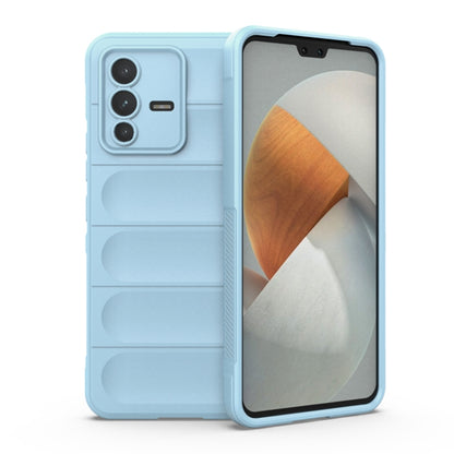 Light blue TPU phone case with raised shield ridges, camera cutout, front cover