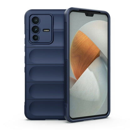 Dark blue TPU phone case with raised shield ridges, camera cutout, front cover