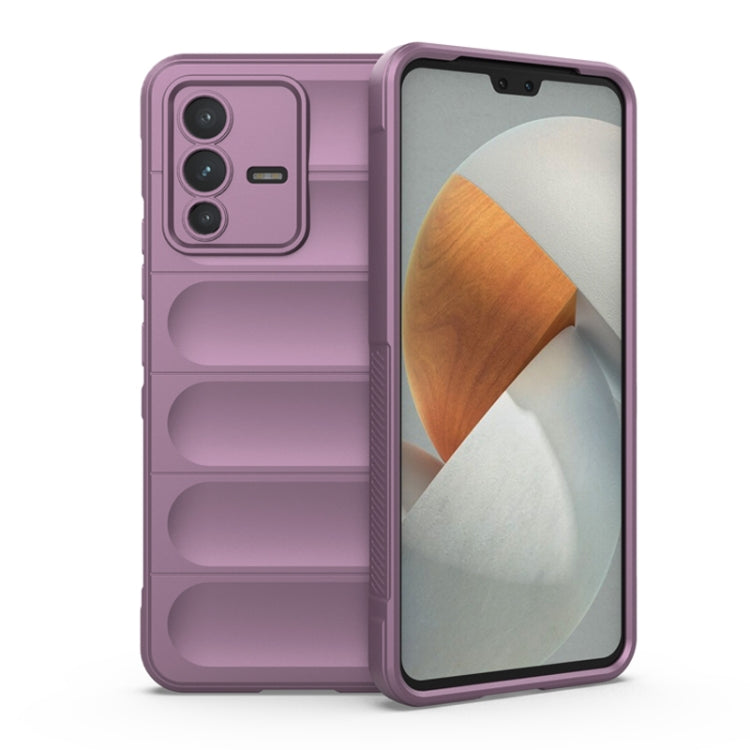 Purple TPU phone case with raised shield ridges, camera cutout, front cover