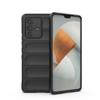 Charcoal black TPU phone case with raised shield ridges, camera cutout, front cover