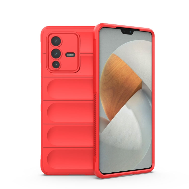 Red TPU phone case with raised shield ridges, camera cutout, front cover