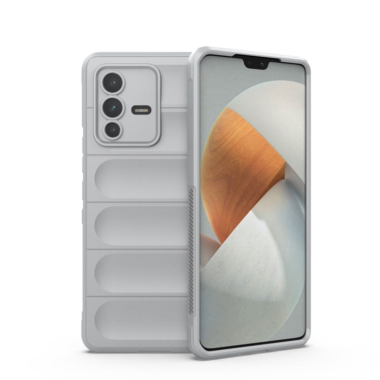 Light gray TPU phone case with raised shield ridges, camera cutout, front cover