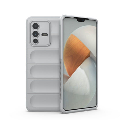 Light gray TPU phone case with raised shield ridges, camera cutout, front cover