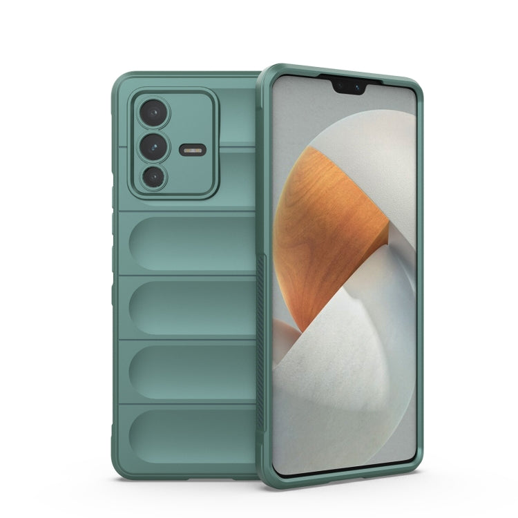 Dark green TPU phone case with raised shield ridges, camera cutout, front cover