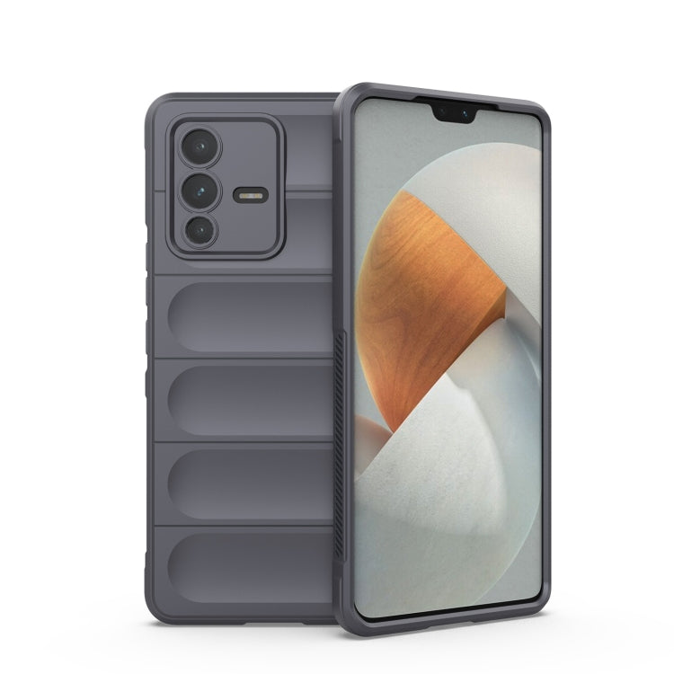 Dark grey TPU phone case with ridged bumper panels and camera cutouts.