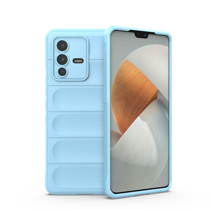 Light blue TPU phone case with ridged bumper panels and camera cutouts.