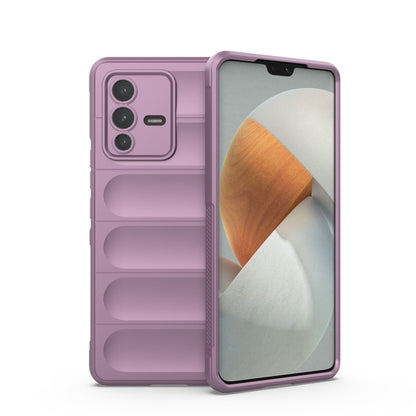 Purple TPU phone case with ridged bumper panels and camera cutouts.