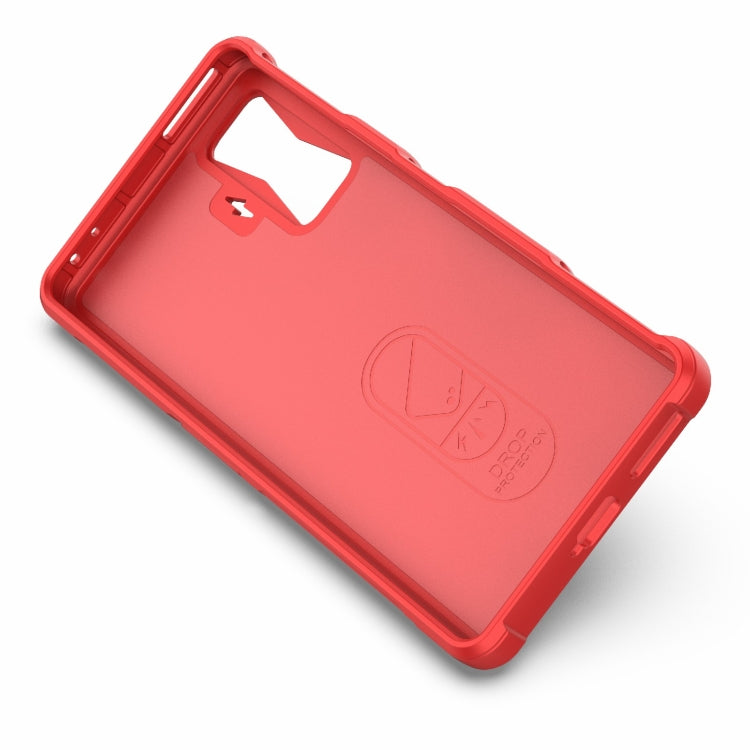 Red TPU phone case back with raised camera frame and molded texture lines