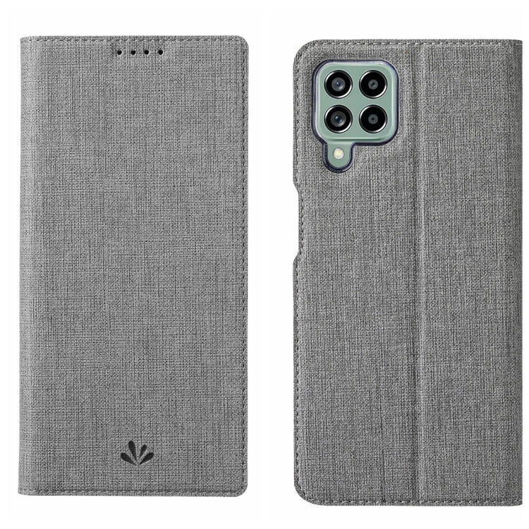Light gray flip phone case with textured fabric and front cover opening cutouts