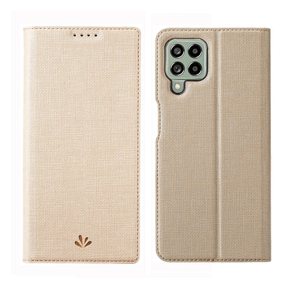 Beige flip phone case with textured fabric and camera cutout on the back