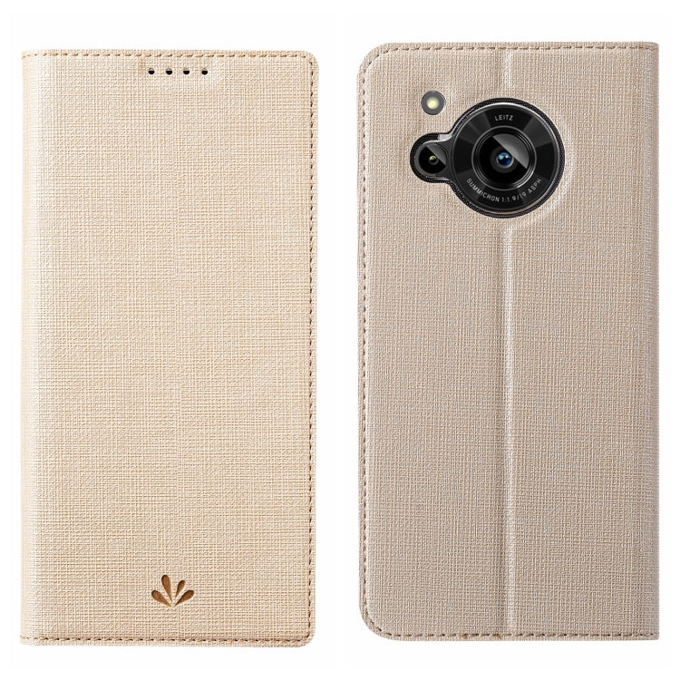 Champagne/beige flip phone case with textured fabric and camera lens opening
