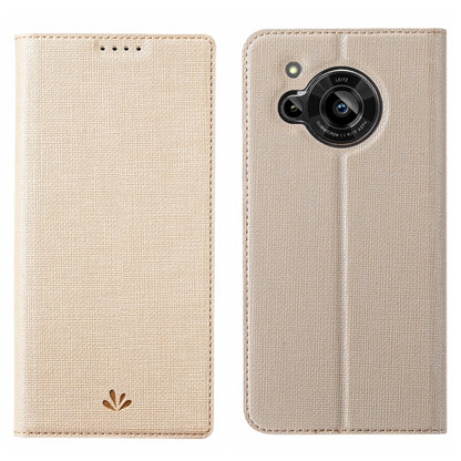 Champagne/beige flip phone case with textured fabric and camera lens opening