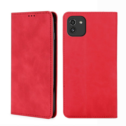 Red leather flip phone case with magnetic closure, showing front and back views