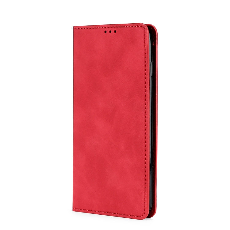 Red leather flip phone case, back view with speaker cutouts