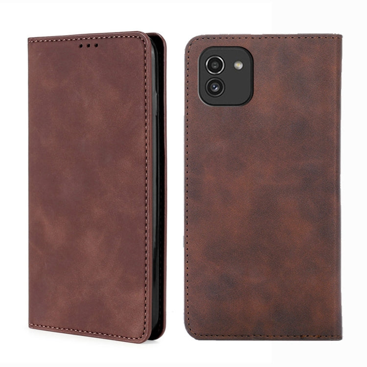 Dark brown leather flip phone case with magnetic closure, front and back views