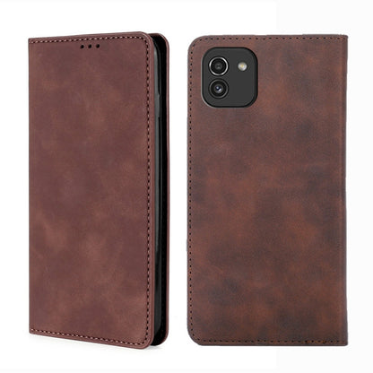 Dark brown leather flip phone case with magnetic closure, front and back views