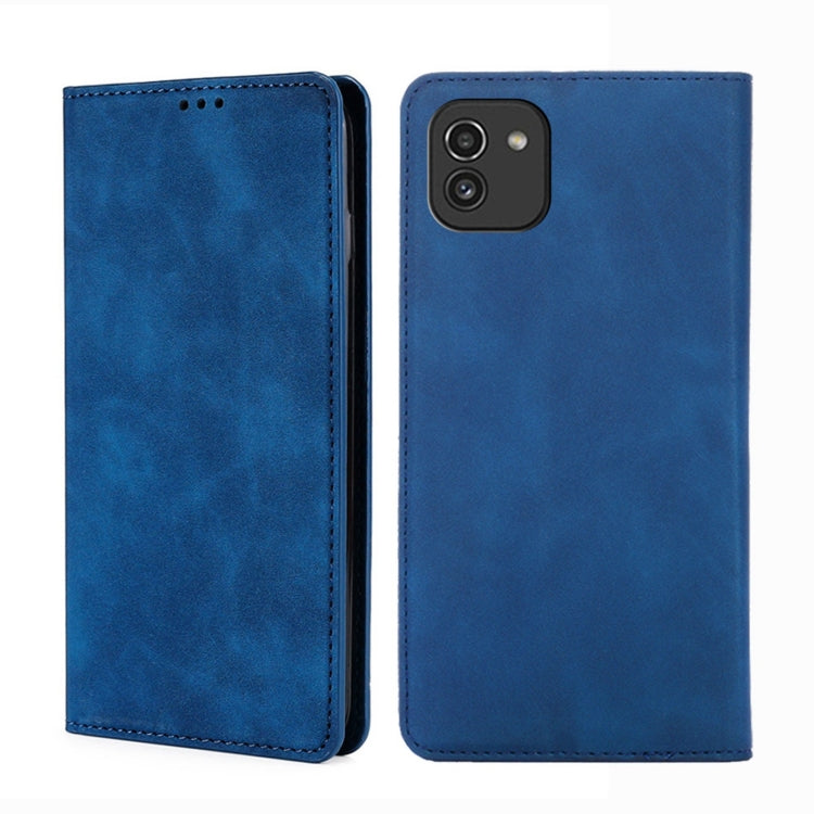 Blue leather flip phone case with magnetic closure, front and back views