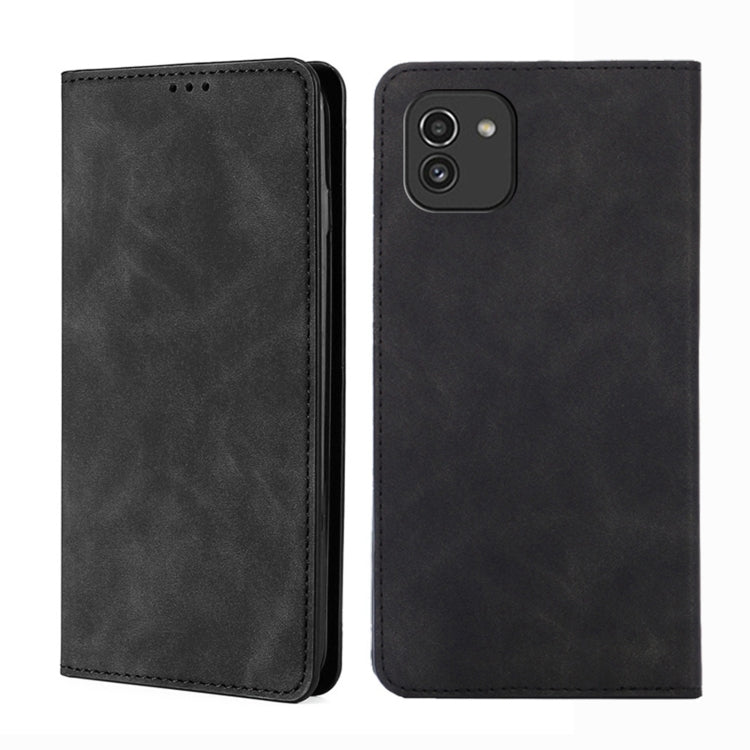 Black leather flip phone case with magnetic closure, front and back views