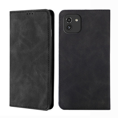 Black leather flip phone case with magnetic closure, front and back views