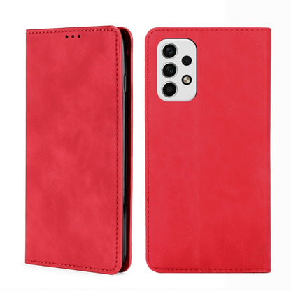 Red leather flip phone case with magnetic closure, front and back with camera cutout