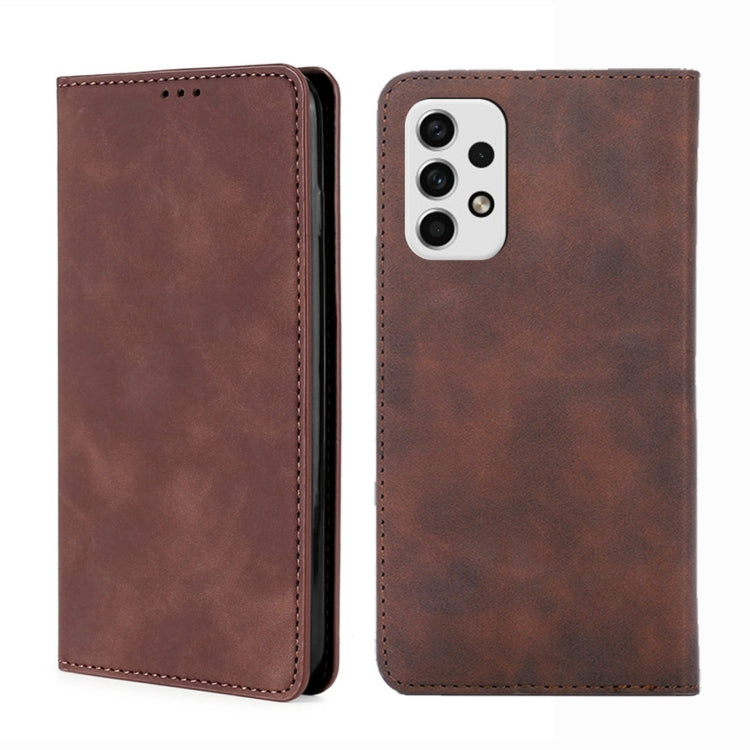 Dark brown leather flip phone case with camera cutout, front and back views
