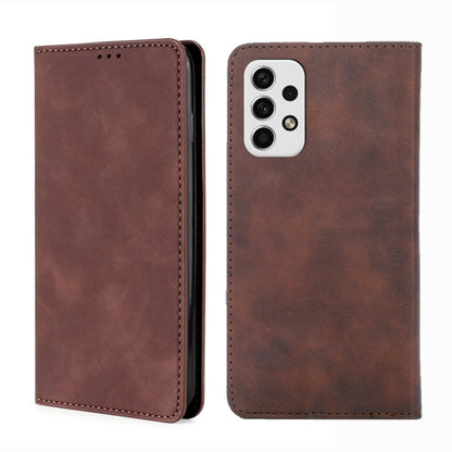 Dark brown leather flip phone case with camera cutout, front and back views