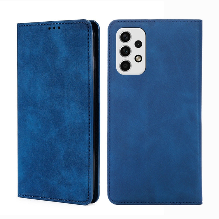 Magnetic leather flip phone case, blue, with camera cutout and stitched edges