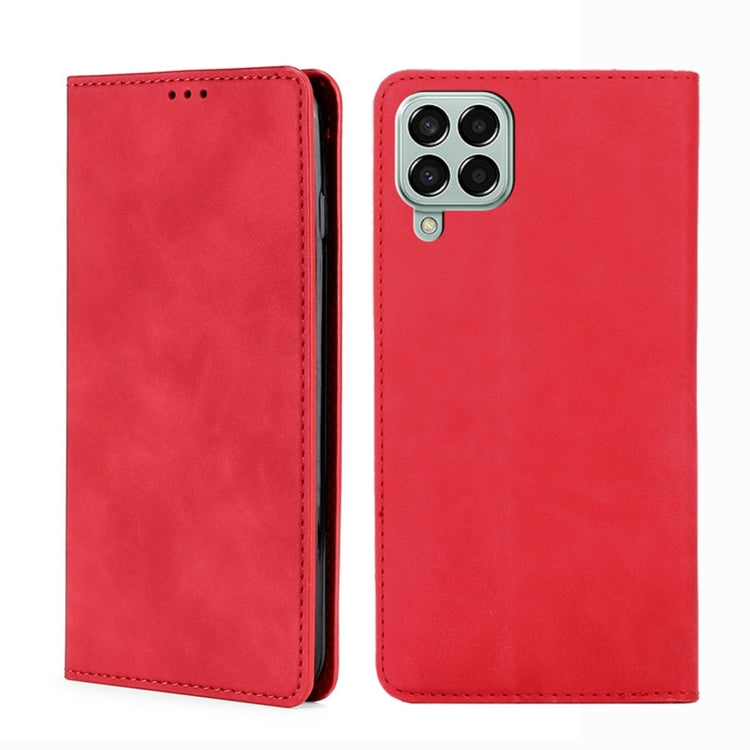 Magnetic leather flip phone case, red, with camera cutout and stitched edges