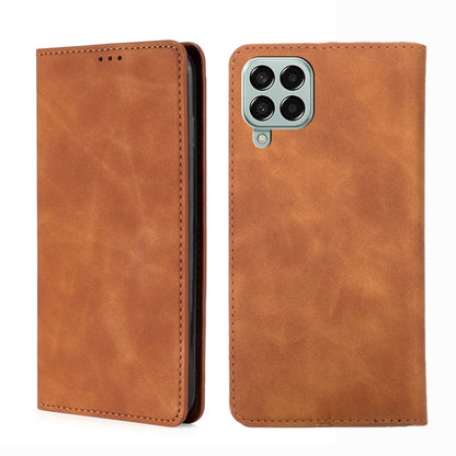 Magnetic leather flip phone case, light brown, with camera cutout and stitched edges