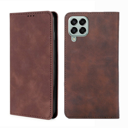 Magnetic leather flip phone case, dark brown, with camera cutout and stitched edges