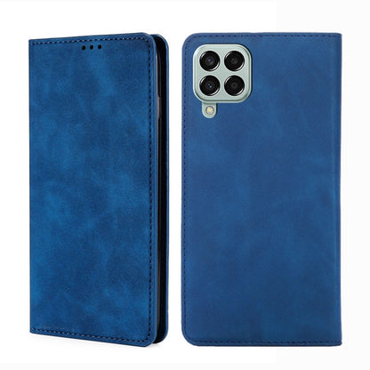 Magnetic leather flip phone case, blue, with camera cutout and stitched edges