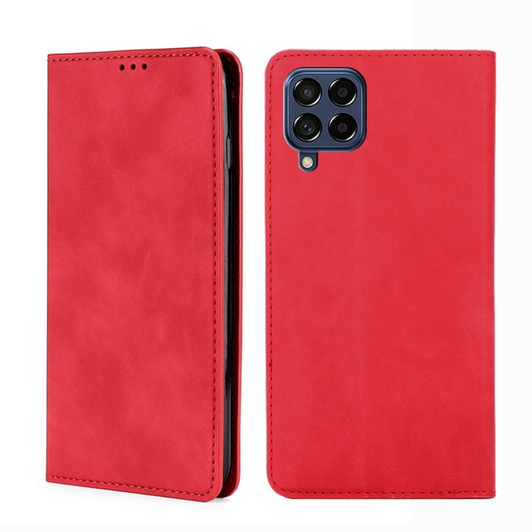 Magnetic leather flip phone case, red, with camera cutout and stitched edges