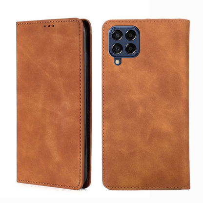 Magnetic leather flip phone case, light brown, with camera cutout and stitched edges